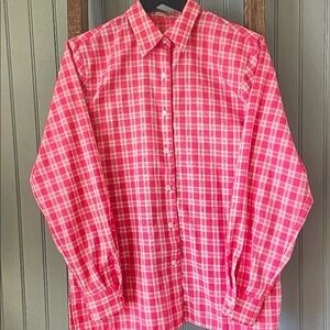 Foxcroft Pink and White Plaid Long-Sleeve Button-Down Shirt